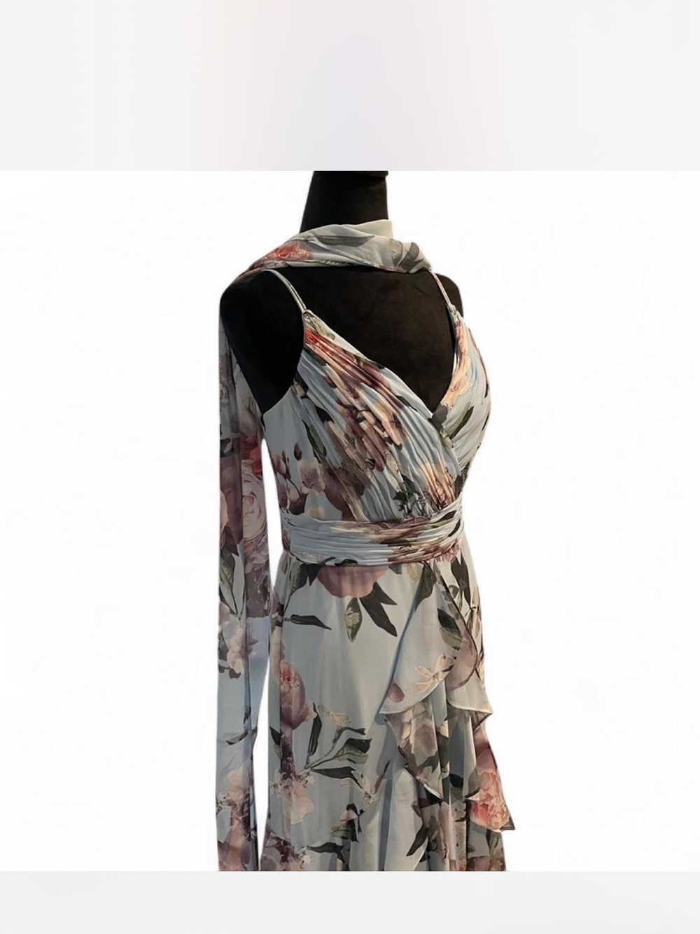 Xscape Light Blue Floral High-Low Ruffled Maxi Dress - Picture 3 of 5
